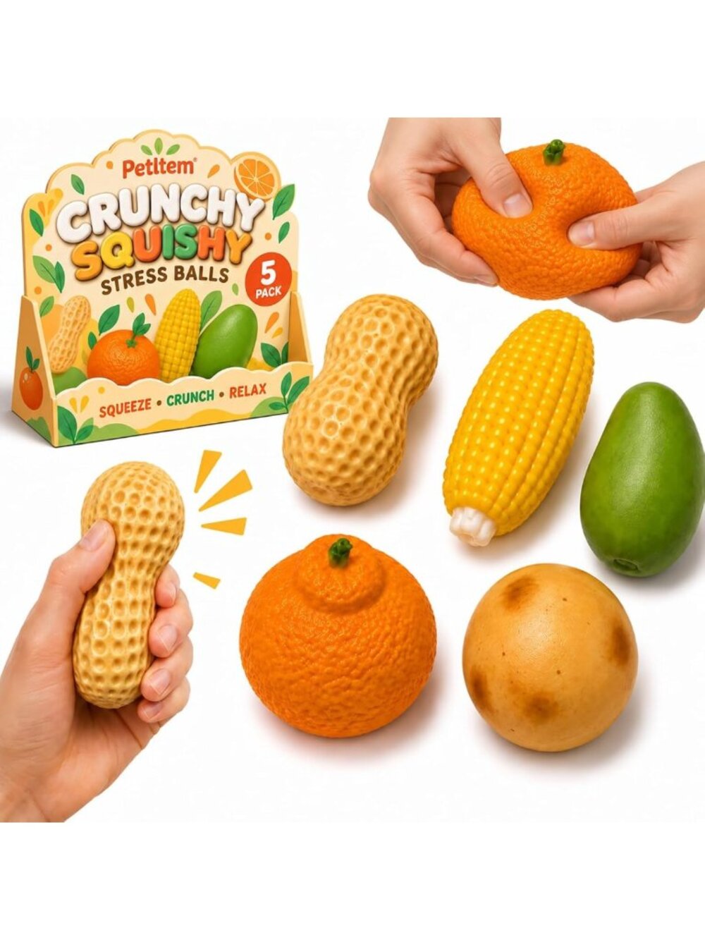 5 Pack Realistic Food Shaped Stress Balls - Crunchy Squishy Toys for ASMR